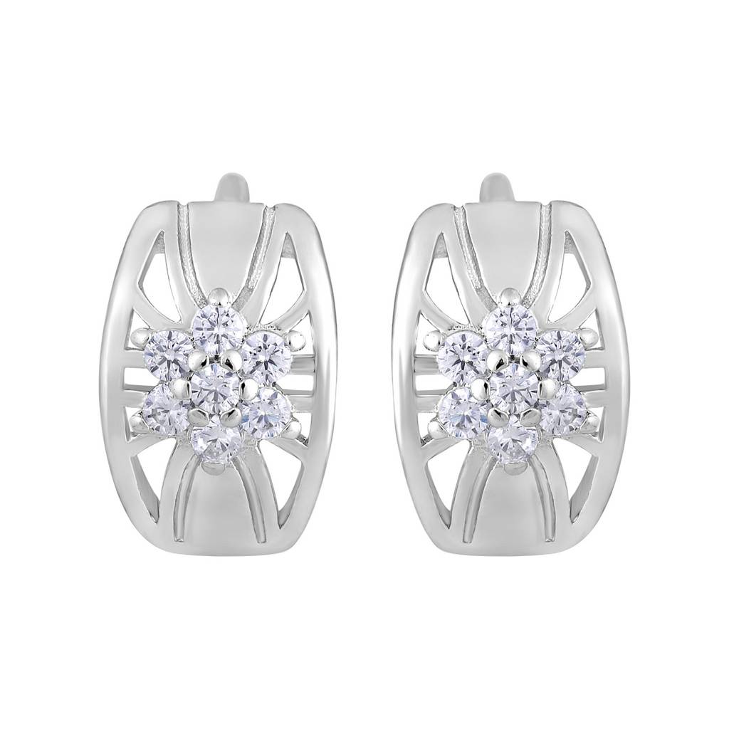 Silver Plated American Diamond Studded Hoop Earrings-Ear-Js25-30351 : EAR-JS25-30351