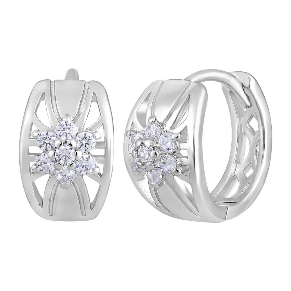 Silver Plated American Diamond Studded Hoop Earrings-Ear-Js25-30351 : EAR-JS25-30351
