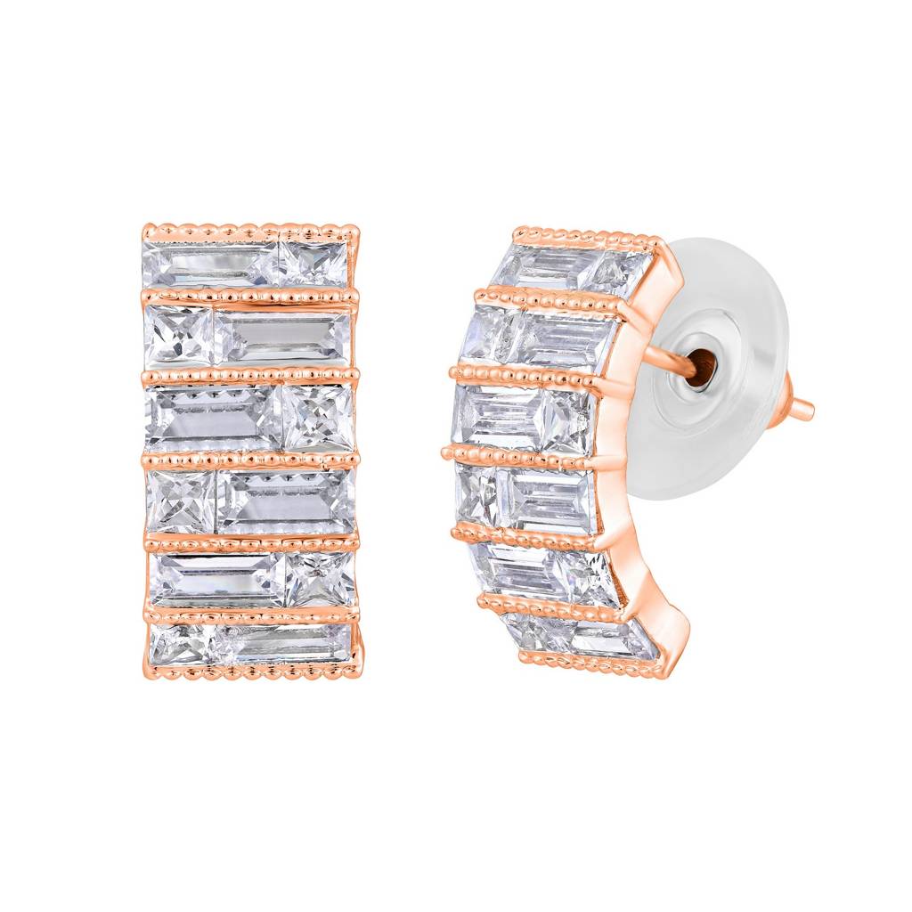 Silver-Toned Rose Gold-Plated Cz Studded Circular Hoop Earrings : EAR-JS25-30353