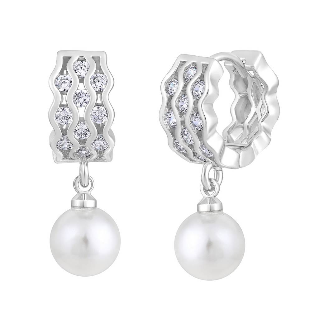 Silver Plated Pearl Beaded Contemporary Hoop Earrings : EAR-JS25-30355