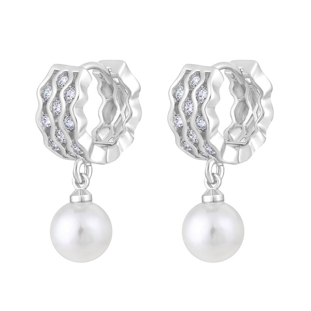 Silver Plated Pearl Beaded Contemporary Hoop Earrings : EAR-JS25-30355