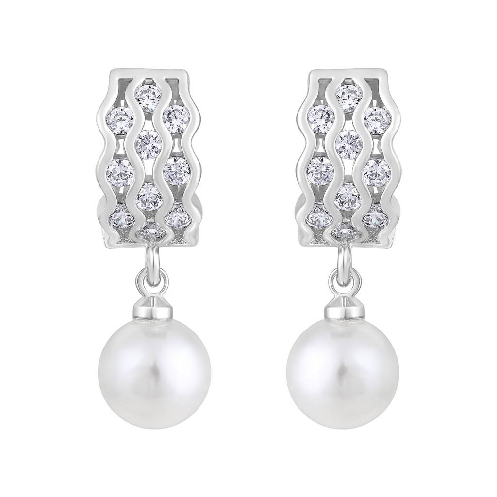 Silver Plated Pearl Beaded Contemporary Hoop Earrings : EAR-JS25-30355