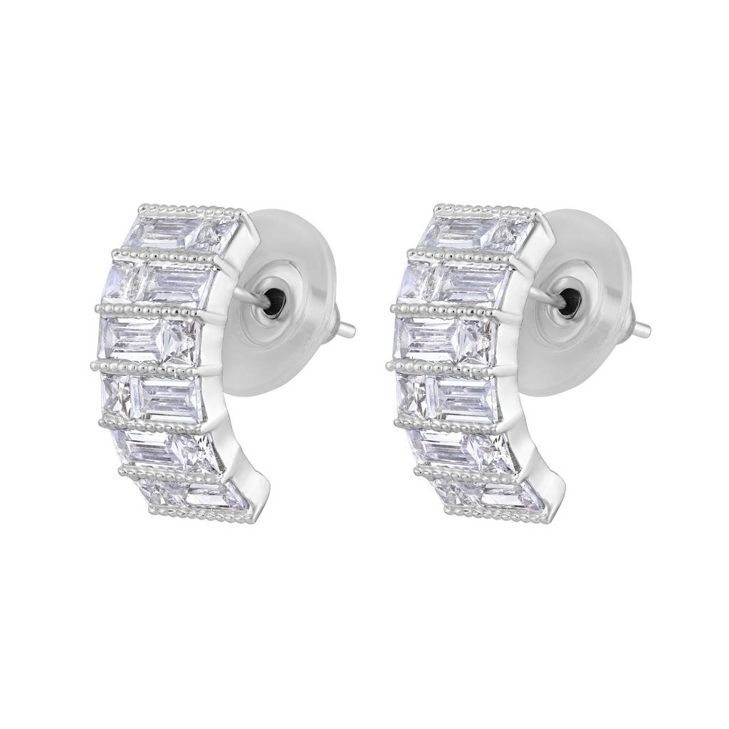 Silver-Plated & White Crystals Studs Earrings : EAR-JS25-30359