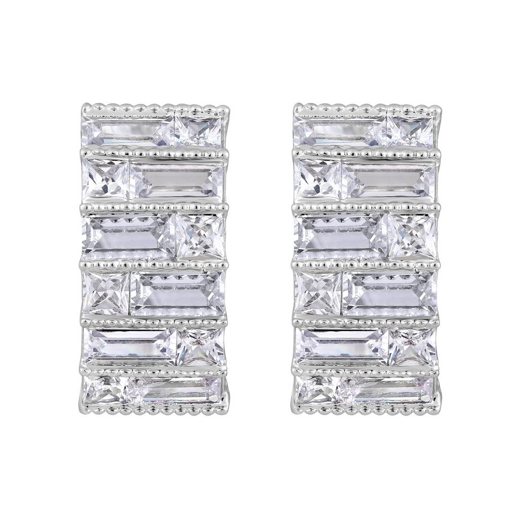 Silver-Plated & White Crystals Studs Earrings : EAR-JS25-30359