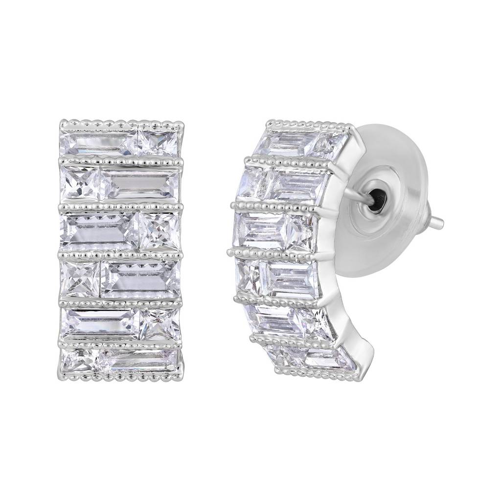 Silver-Plated & White Crystals Studs Earrings : EAR-JS25-30359
