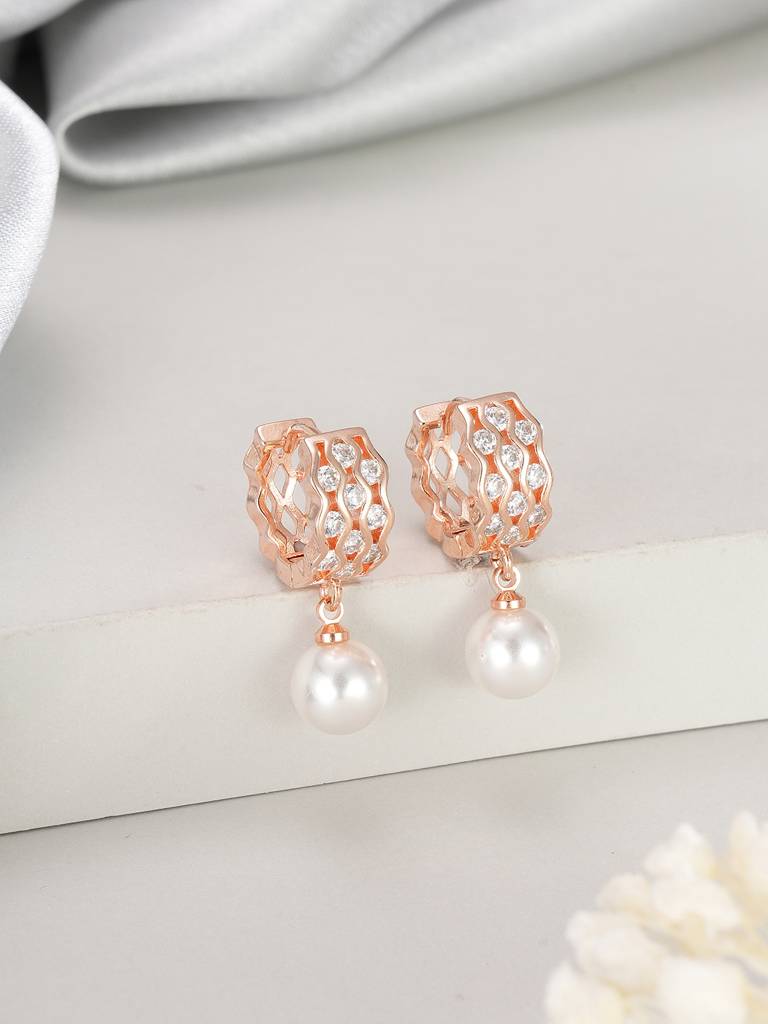 Rose Gold-Plated Pearl Beaded Contemporary Drop Earrings : EAR-JS25-30361