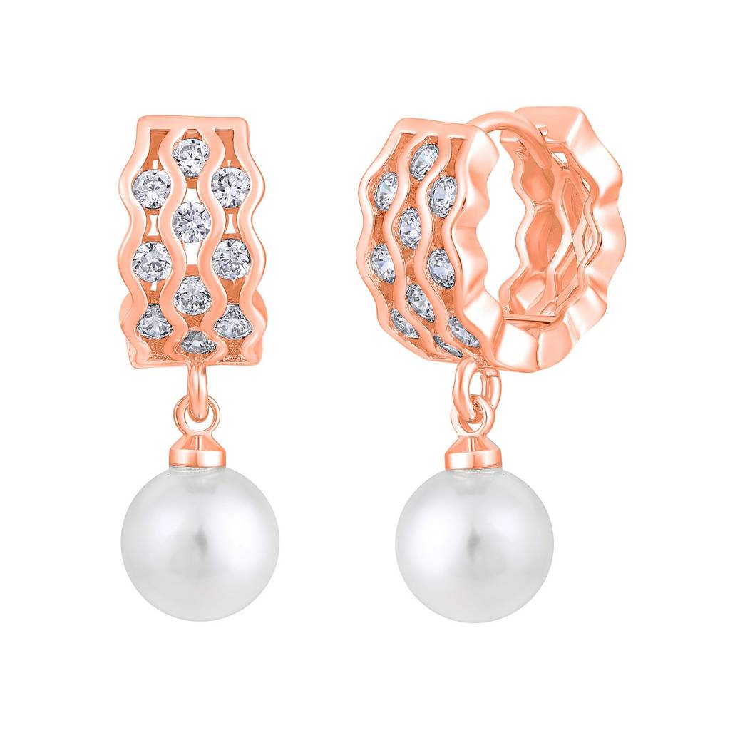Rose Gold-Plated Pearl Beaded Contemporary Drop Earrings : EAR-JS25-30361