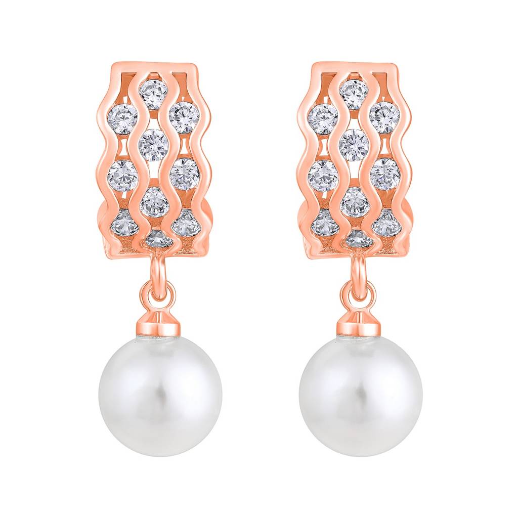 Rose Gold-Plated Pearl Beaded Contemporary Drop Earrings : EAR-JS25-30361