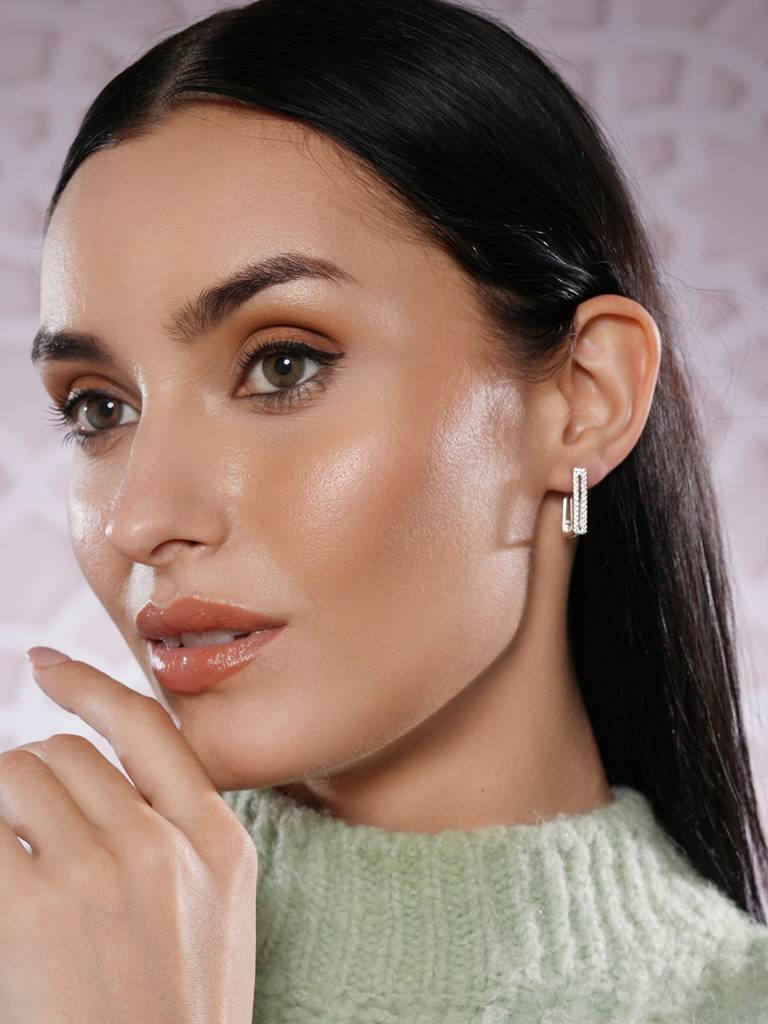 Silver Toned Rhodium Western Style Square Hoop Earrings : EAR-JS25-30362