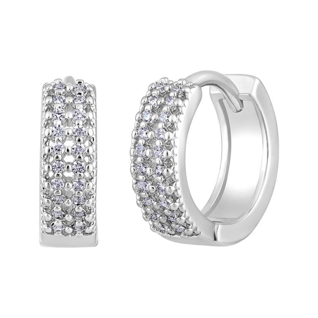 Silver-Toned Rhodium-Plated Cz Studded Circular Hoop Earrings : EAR-JS25-30363