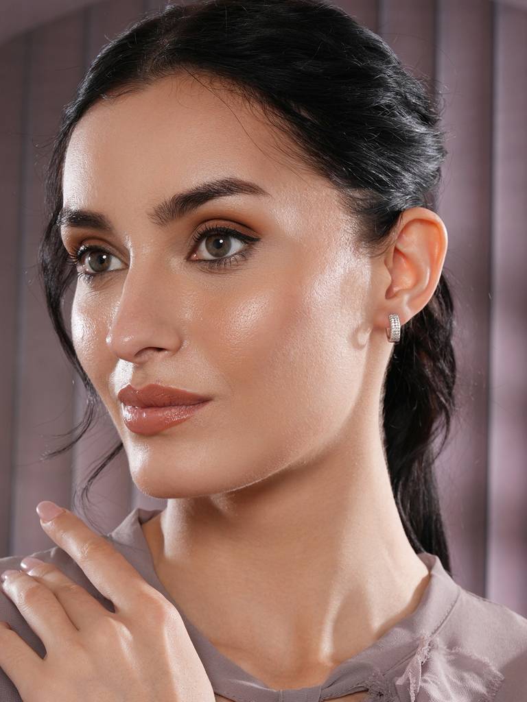 Silver-Toned Rhodium-Plated Cz Studded Circular Hoop Earrings : EAR-JS25-30363