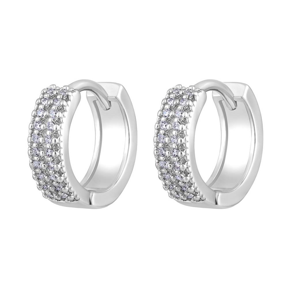 Silver-Toned Rhodium-Plated Cz Studded Circular Hoop Earrings : EAR-JS25-30363