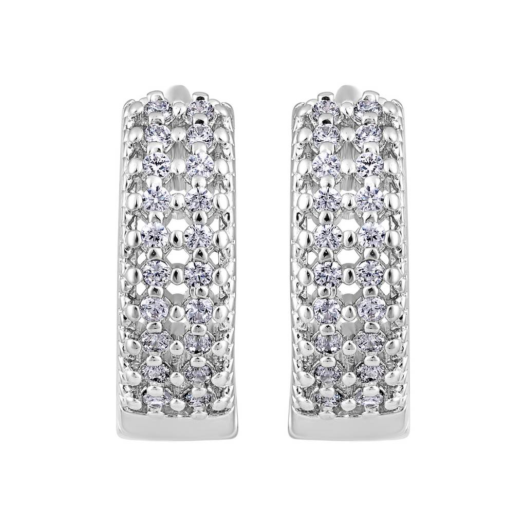 Silver-Toned Rhodium-Plated Cz Studded Circular Hoop Earrings : EAR-JS25-30363