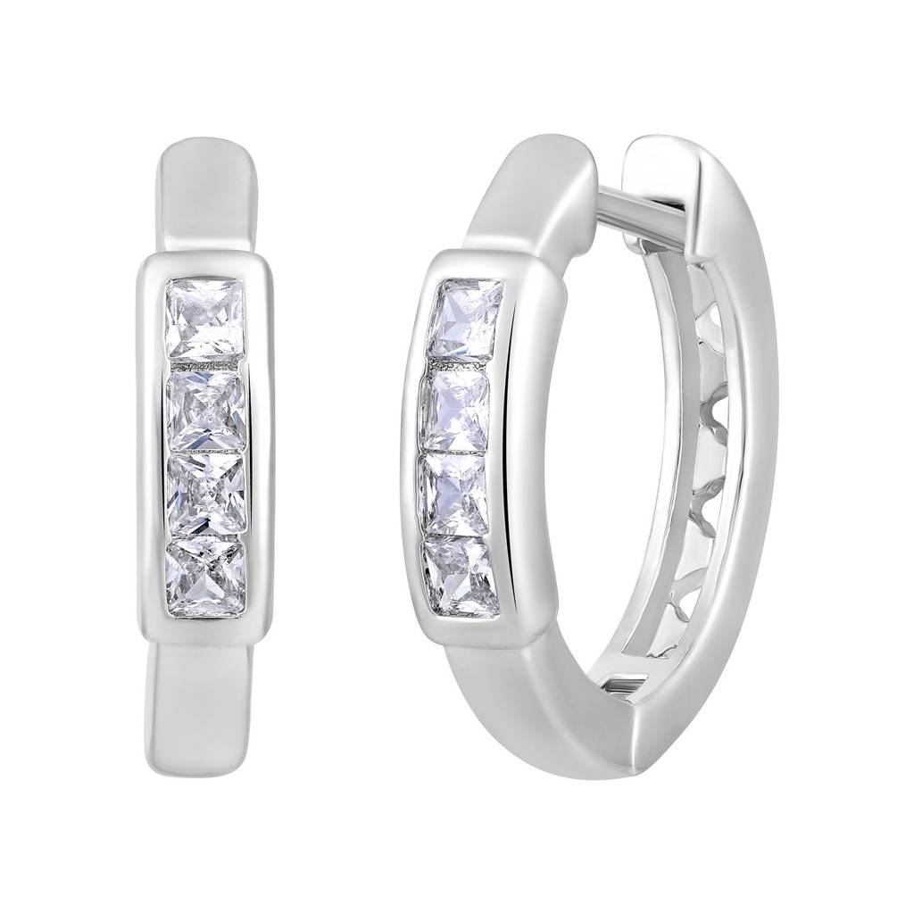 Silver-Plated & White Circular Crystals Hoop Earrings : EAR-JS25-30367