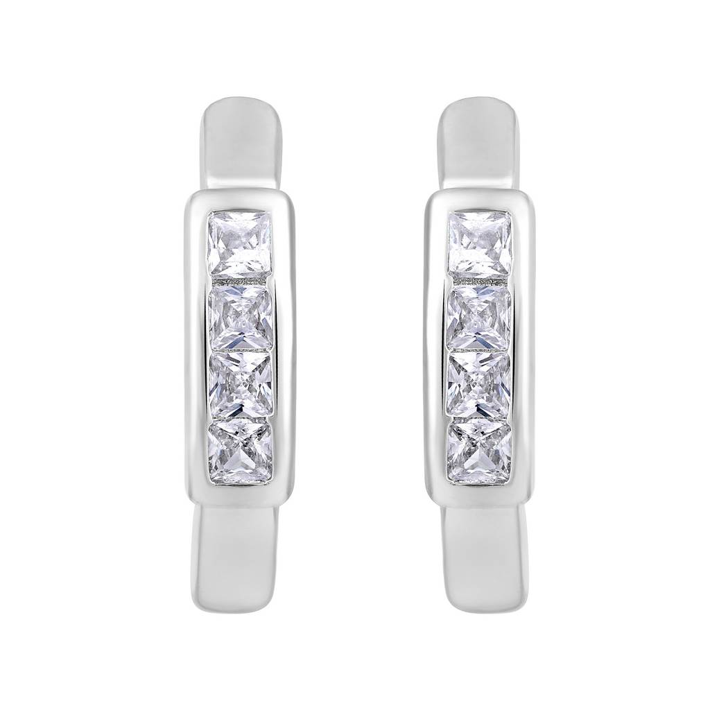 Silver-Plated & White Circular Crystals Hoop Earrings : EAR-JS25-30367