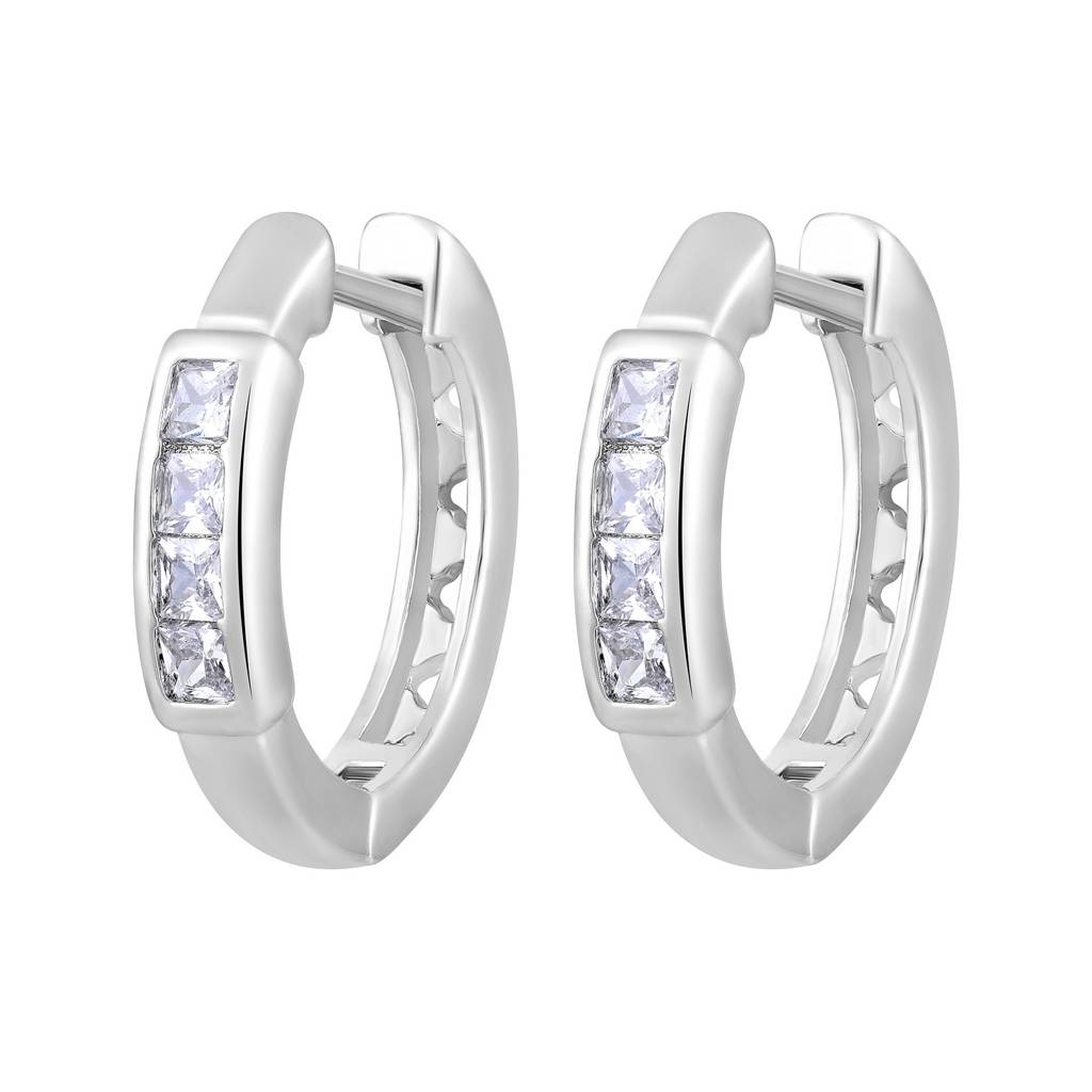 Silver-Plated & White Circular Crystals Hoop Earrings : EAR-JS25-30367