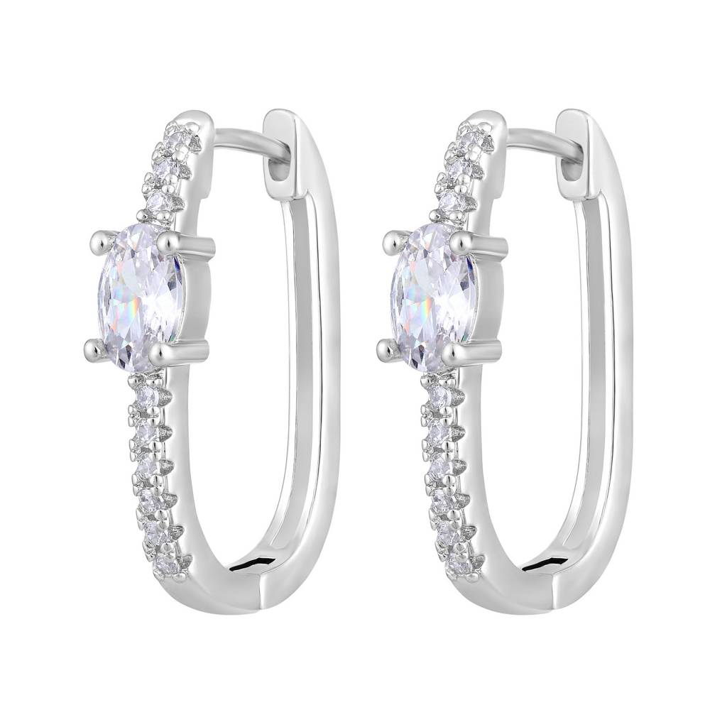 Silver-Plated & White Ad Studded Circular Hoop Earrings : EAR-JS25-30369