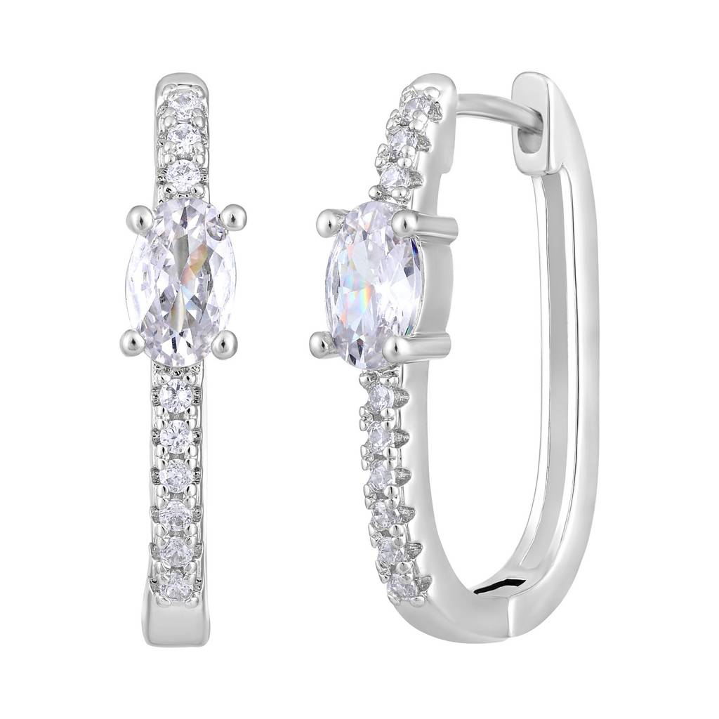 Silver-Plated & White Ad Studded Circular Hoop Earrings : EAR-JS25-30369