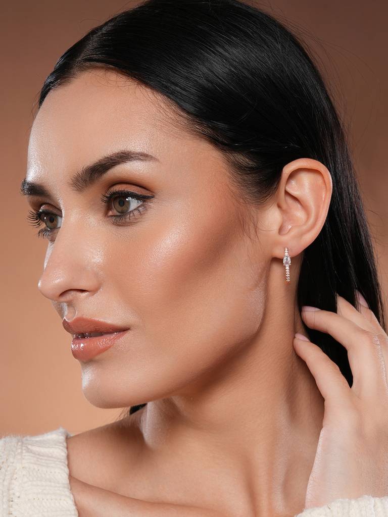 Rose Gold-Toned Crystal Studded Circular Hoop Earrings-Ear-Js25-30370 : EAR-JS25-30370