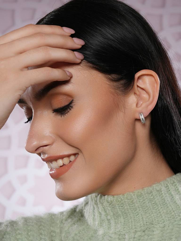 Rhodium Plated Geometric Hoop Earrings : EAR-JS25-30371