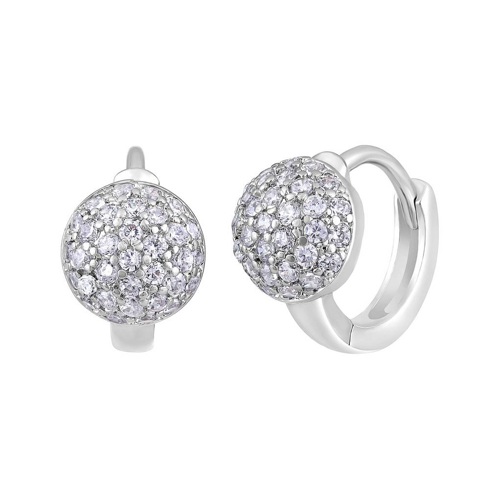 Rhodium Plated Ad Studded Contemporary Half Hoop Earrings : EAR-JS25-30372