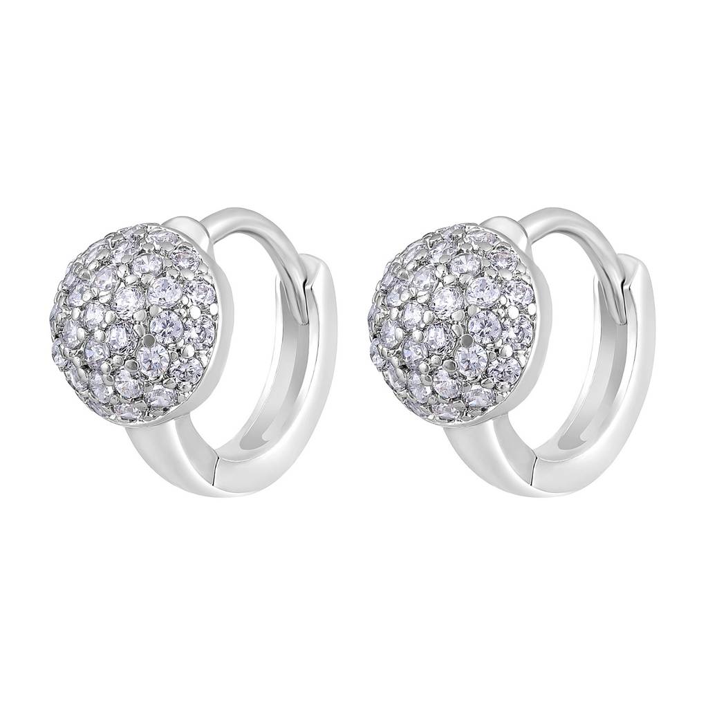 Rhodium Plated Ad Studded Contemporary Half Hoop Earrings : EAR-JS25-30372