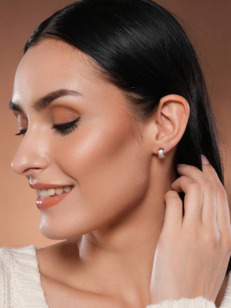 Rose Gold-Toned Crystal Studded Circular Hoop Earrings-Ear-Js25-30377 : EAR-JS25-30377