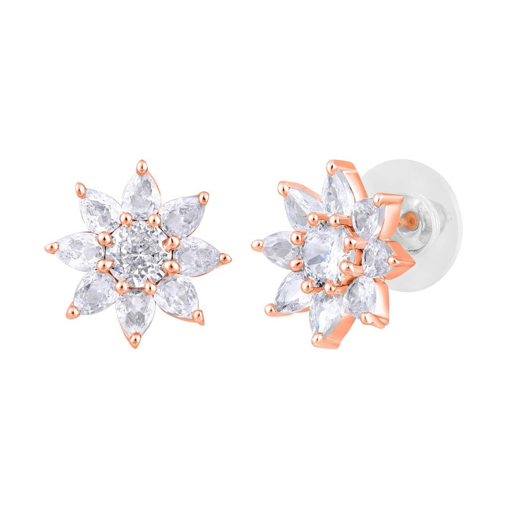 Rose Gold-Plated Cz-Studded Floral Studs : EAR-JS25-30380