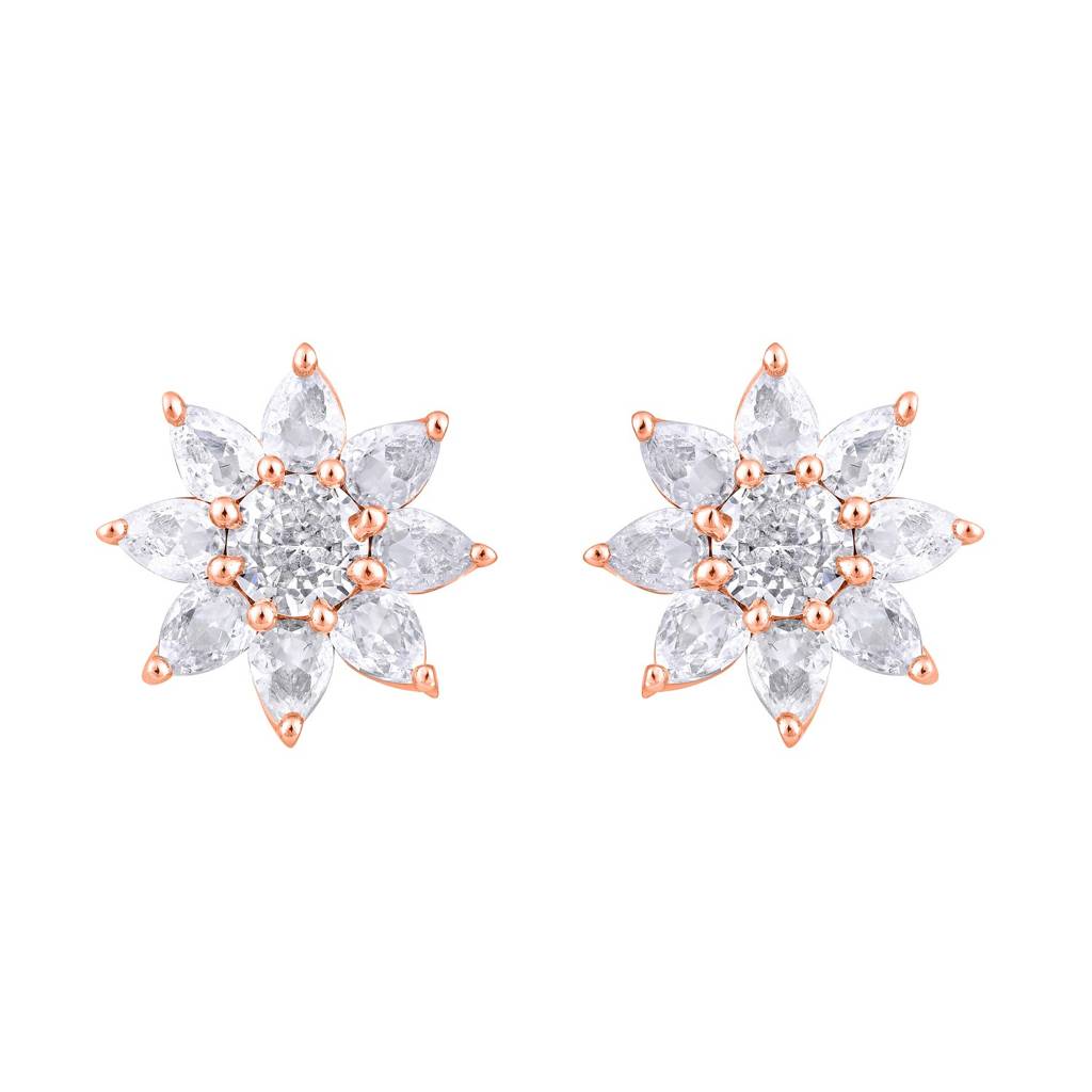 Rose Gold-Plated Cz-Studded Floral Studs : EAR-JS25-30380