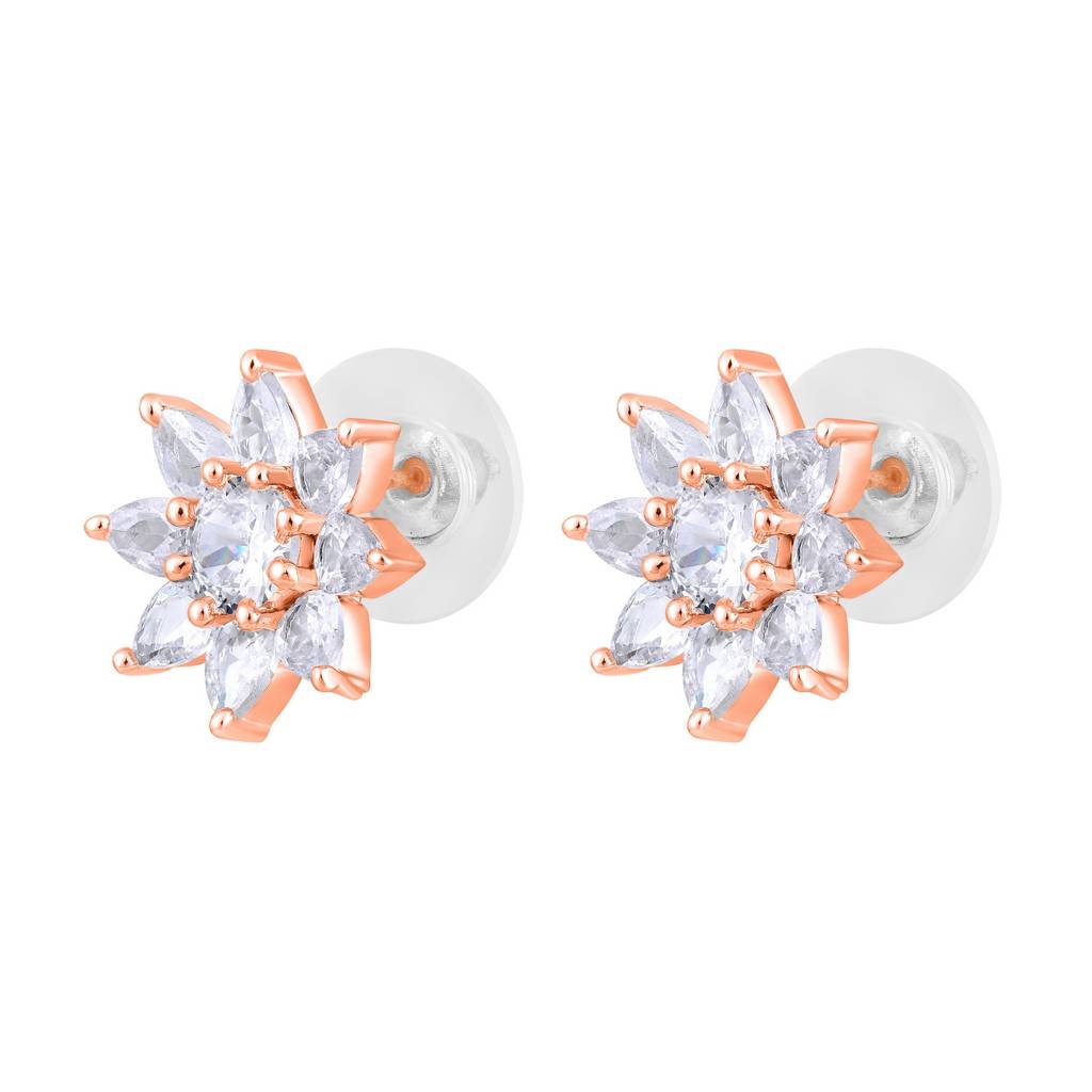 Rose Gold-Plated Cz-Studded Floral Studs : EAR-JS25-30380
