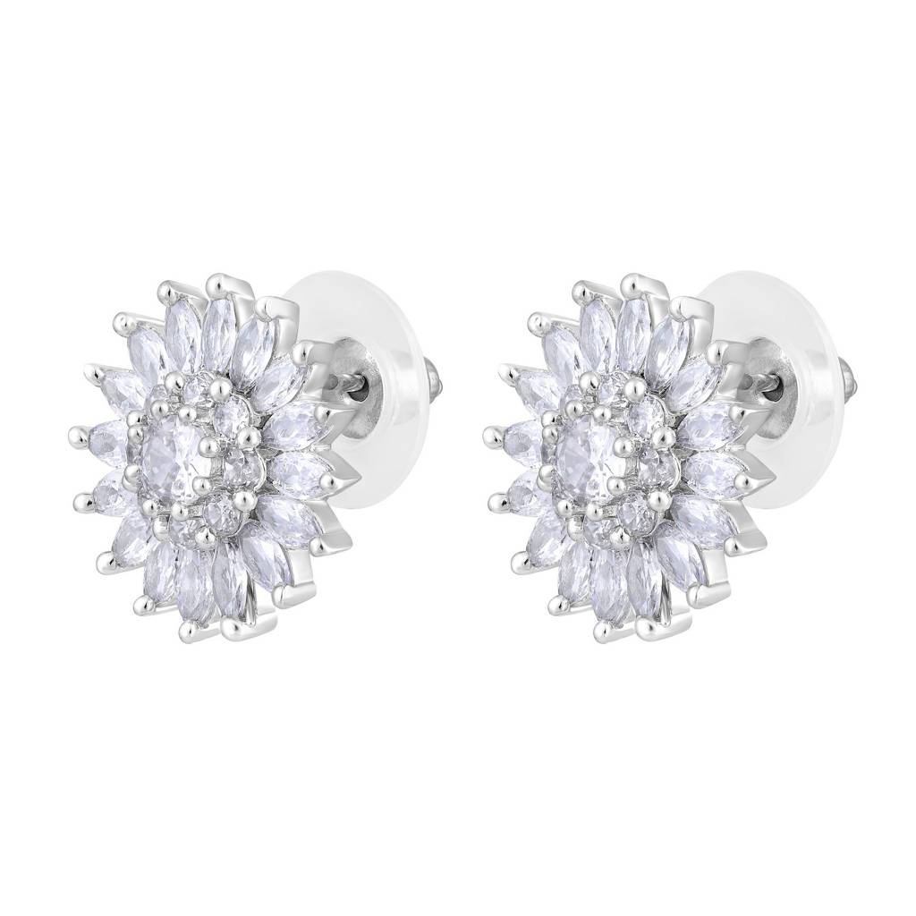 Rhodium-Plated Cz-Studded Floral Studs Earrings : EAR-JS25-30381