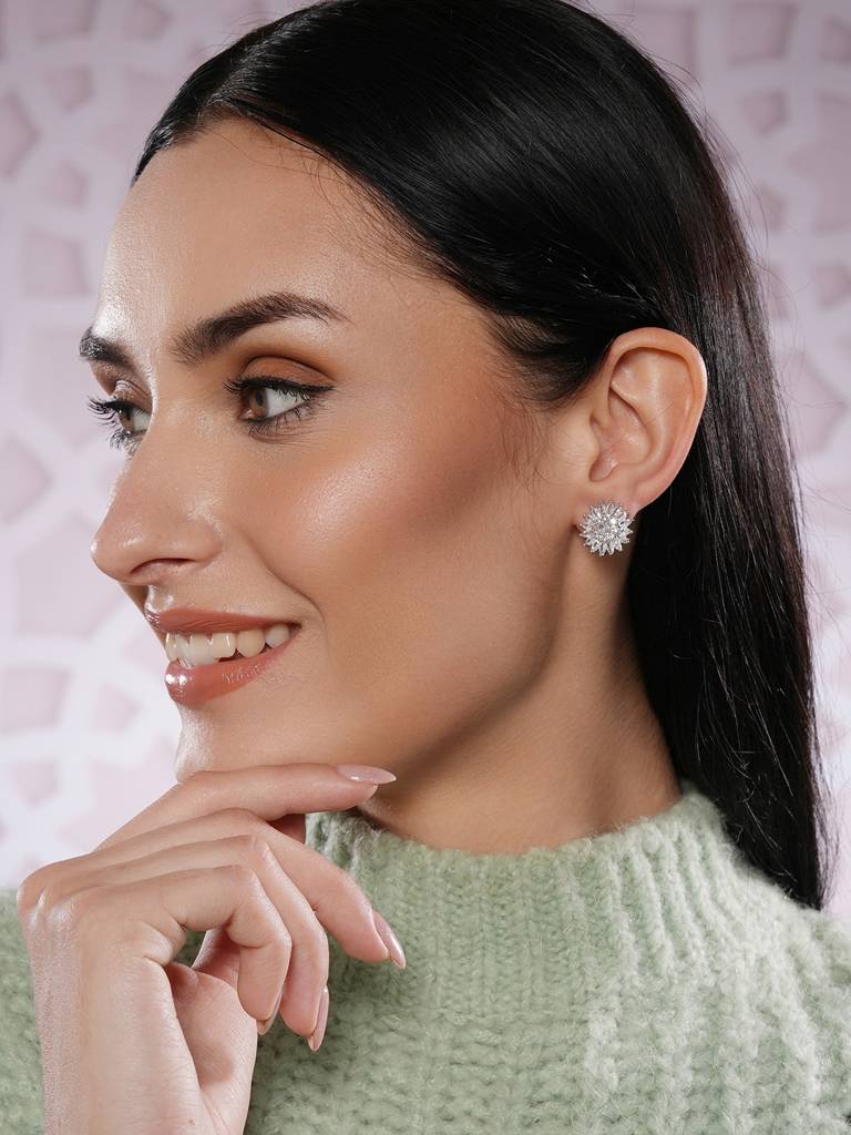 Rhodium-Plated Cz-Studded Floral Studs Earrings : EAR-JS25-30381