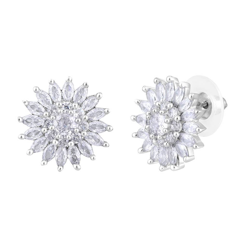 Rhodium-Plated Cz-Studded Floral Studs Earrings : EAR-JS25-30381