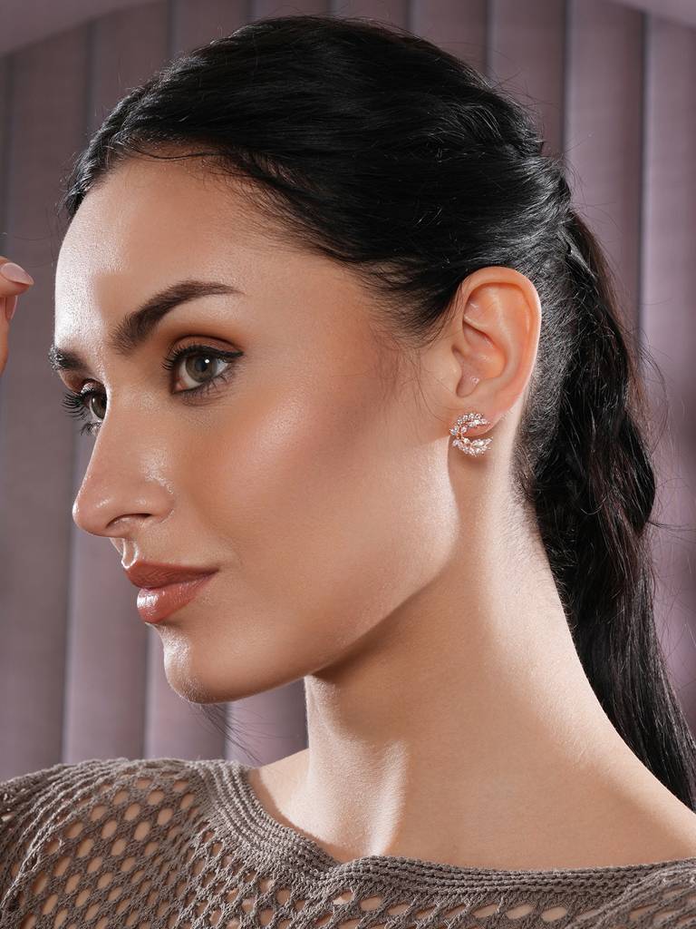 Rose Gold Plated Cz Studded Contemporary Studs : EAR-JS25-30382
