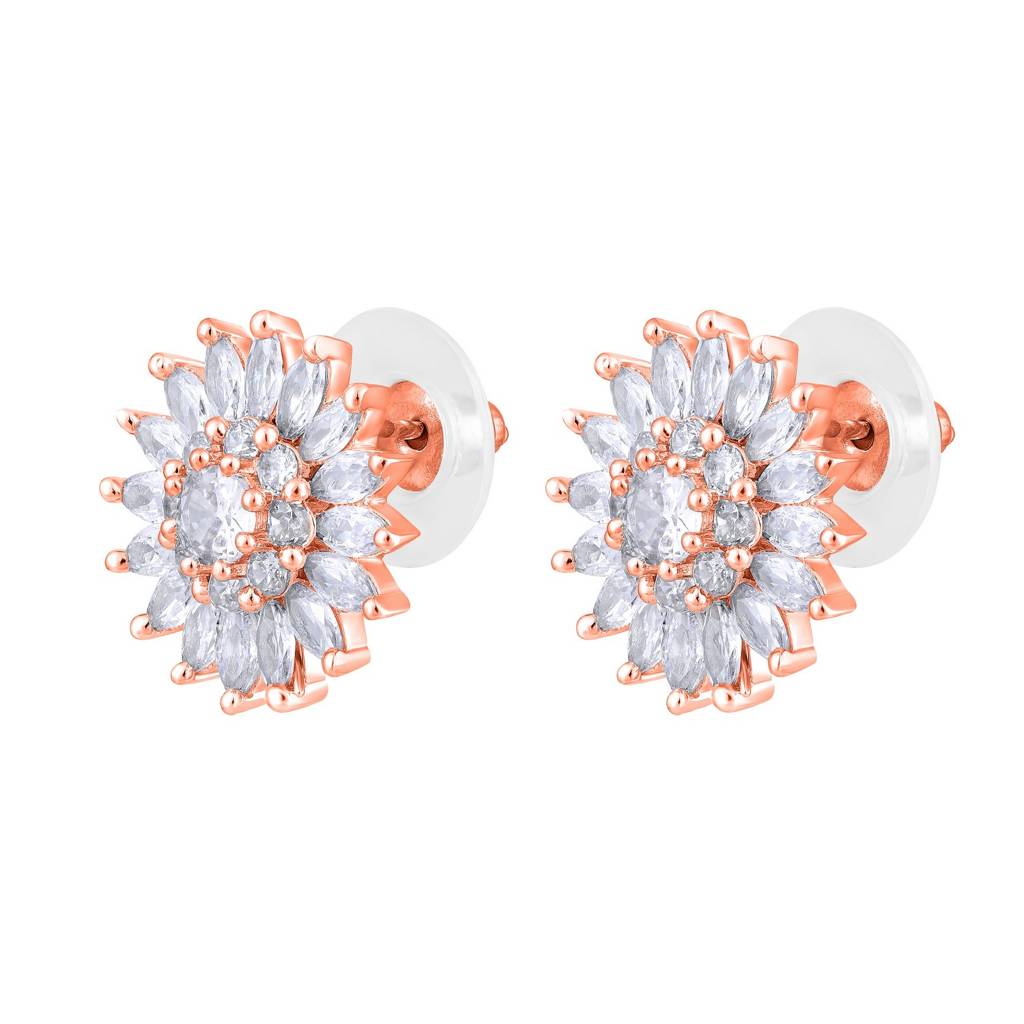 Rose Gold-Plated Cz-Studded Floral Studs Earrings : EAR-JS25-30383