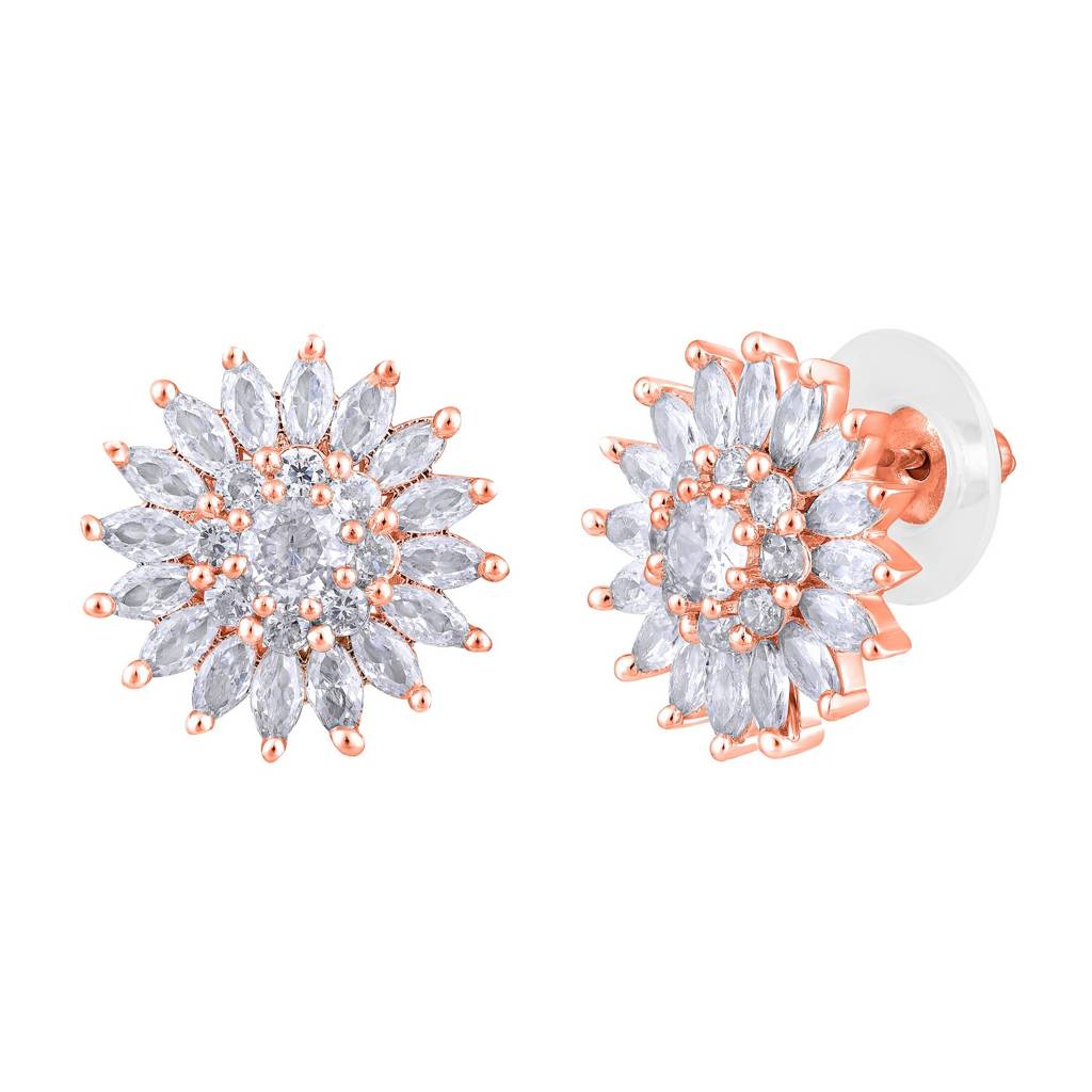 Rose Gold-Plated Cz-Studded Floral Studs Earrings : EAR-JS25-30383
