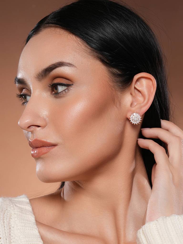 Rose Gold-Plated Cz-Studded Floral Studs Earrings : EAR-JS25-30383