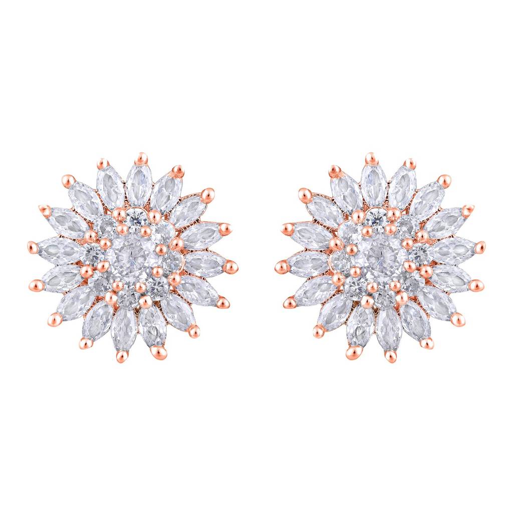 Rose Gold-Plated Cz-Studded Floral Studs Earrings : EAR-JS25-30383