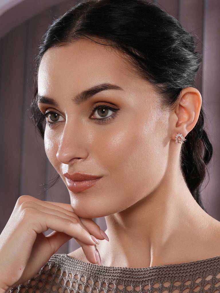 Rose Gold-Plated Cz Studded Triangular Floral Studs Earrings : EAR-JS25-30384