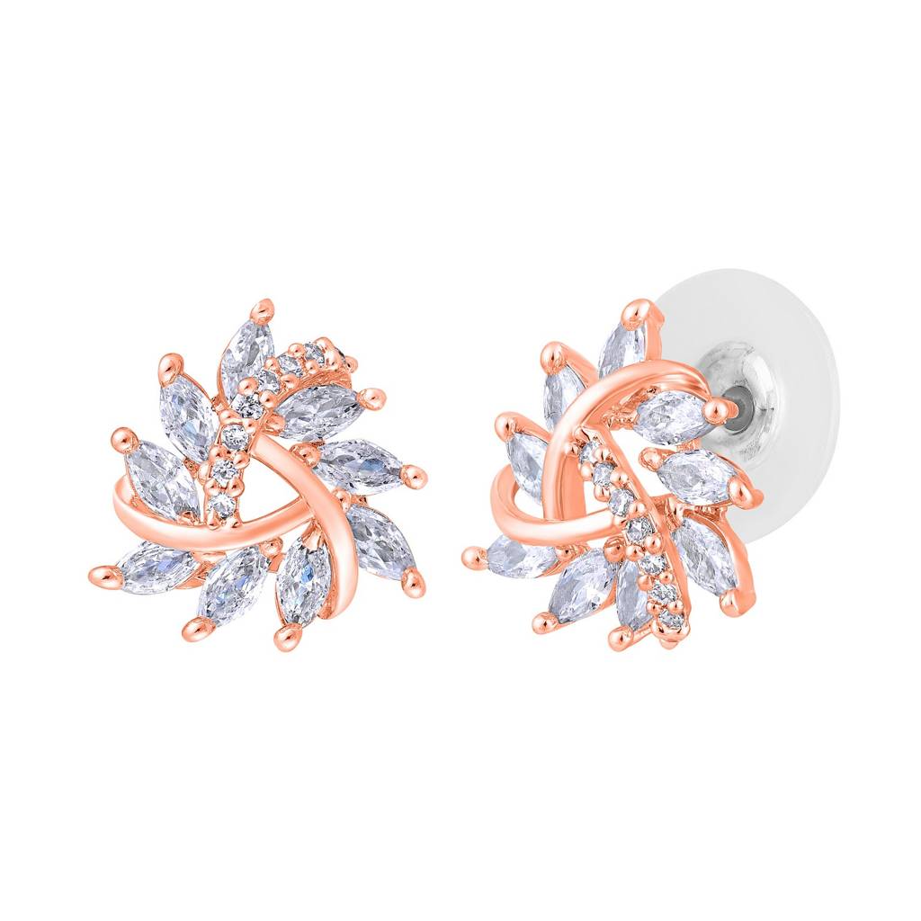 Rose Gold-Plated Cz Studded Triangular Floral Studs Earrings : EAR-JS25-30384