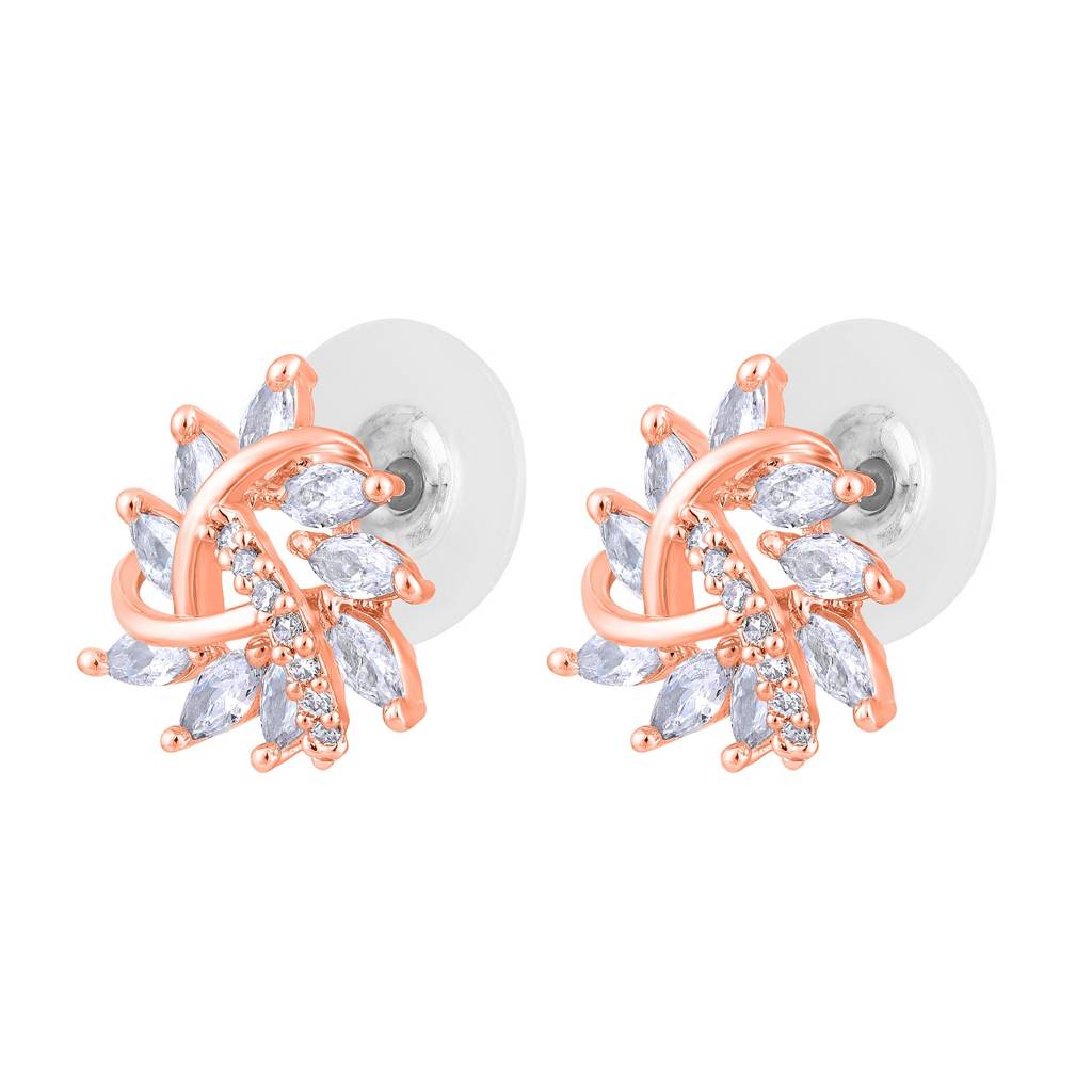 Rose Gold-Plated Cz Studded Triangular Floral Studs Earrings : EAR-JS25-30384