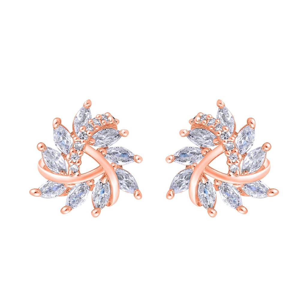 Rose Gold-Plated Cz Studded Triangular Floral Studs Earrings : EAR-JS25-30384