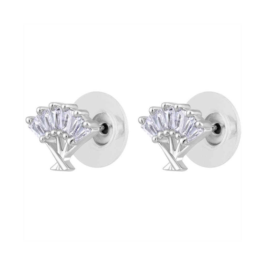Silver-Toned Rhodium-Plated Cz-Studded Fan Shaped Stud Earrings : EAR-JS25-30385