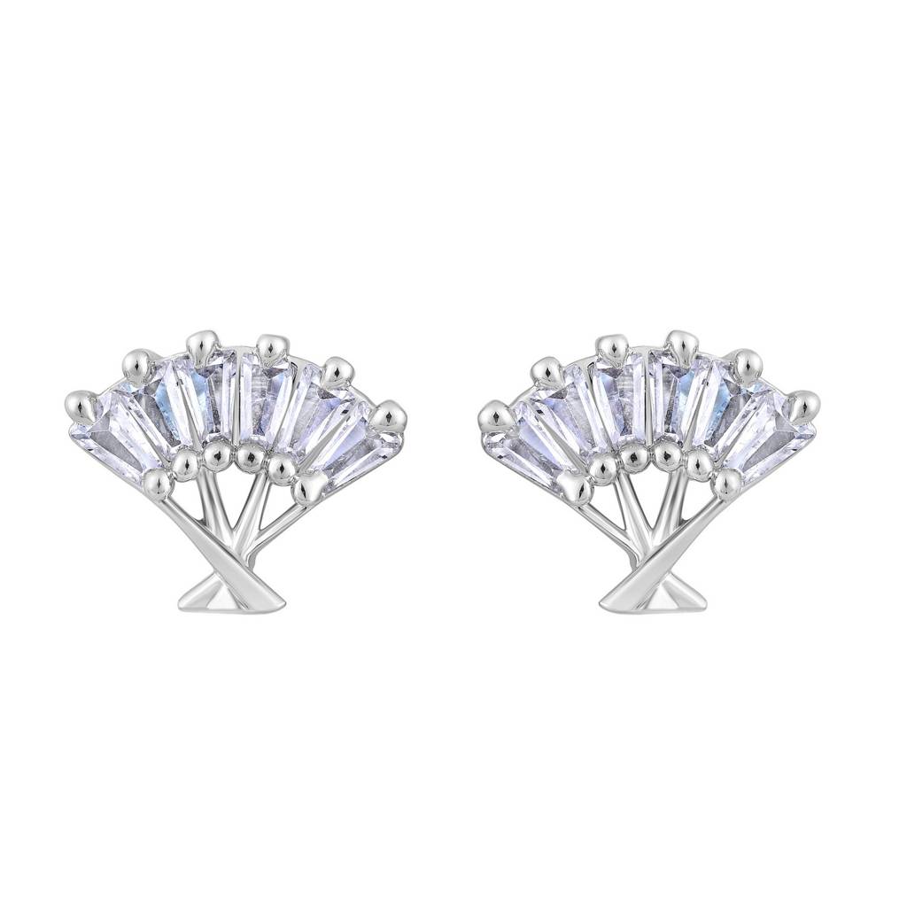 Silver-Toned Rhodium-Plated Cz-Studded Fan Shaped Stud Earrings : EAR-JS25-30385