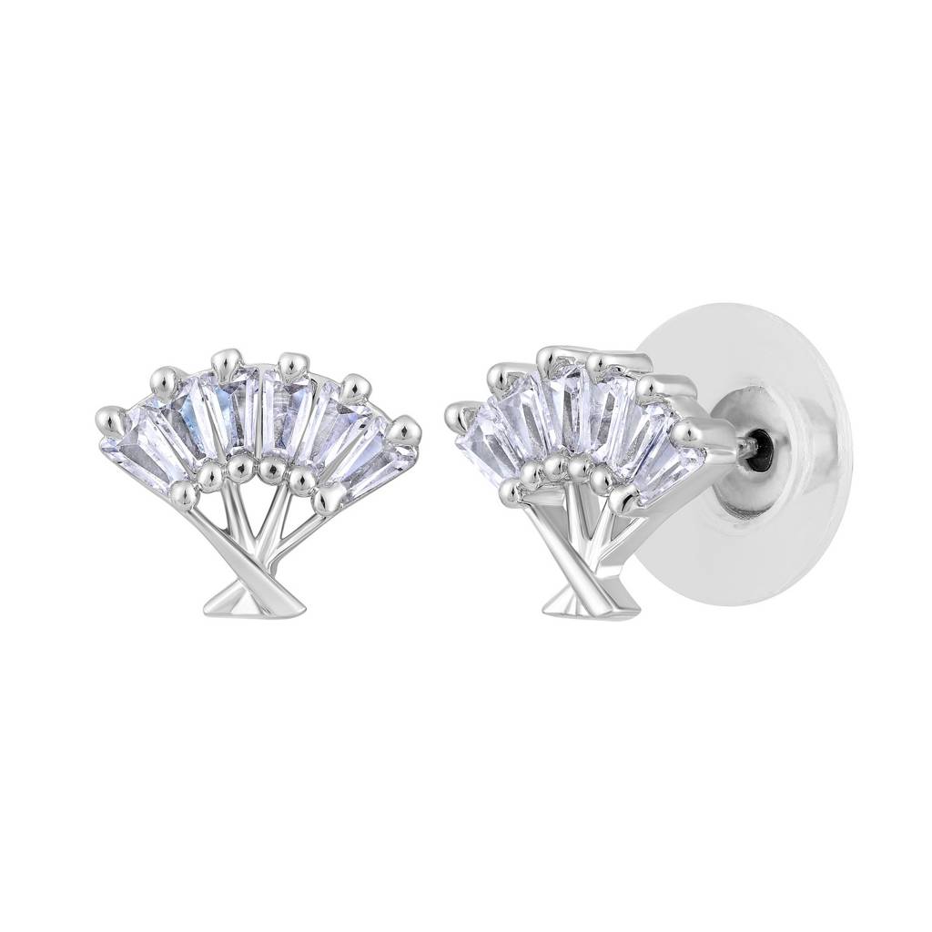 Silver-Toned Rhodium-Plated Cz-Studded Fan Shaped Stud Earrings : EAR-JS25-30385