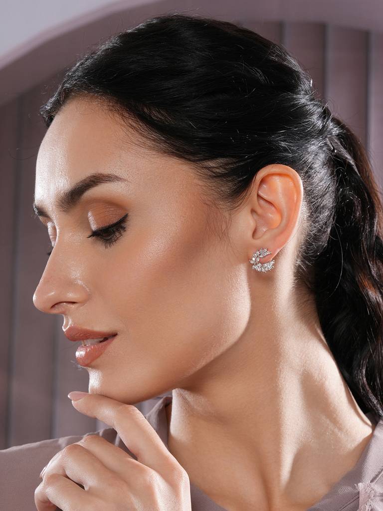 Silver Plated American Diamond Studded Contemporary Studs : EAR-JS25-30387