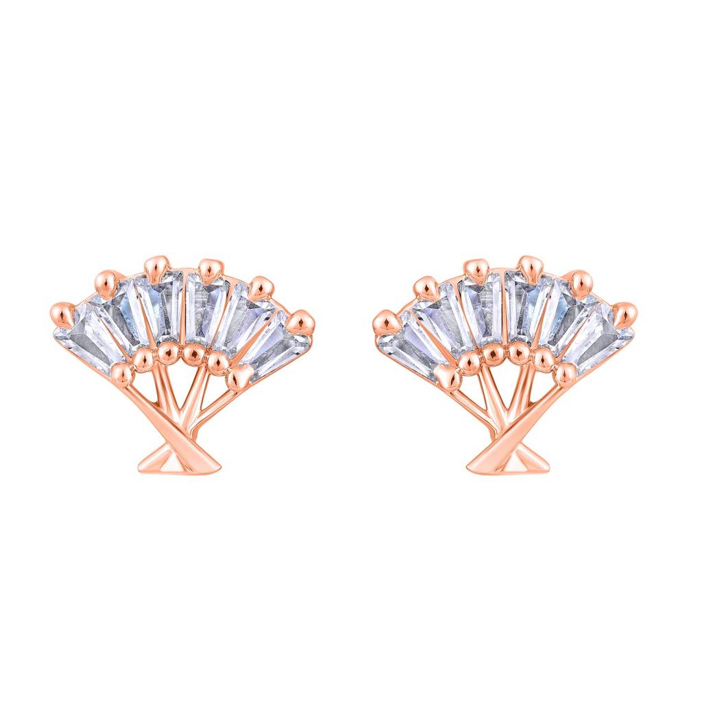 Rose Gold-Plated Cz-Studded Fan Shaped Stud Earrings : EAR-JS25-30391