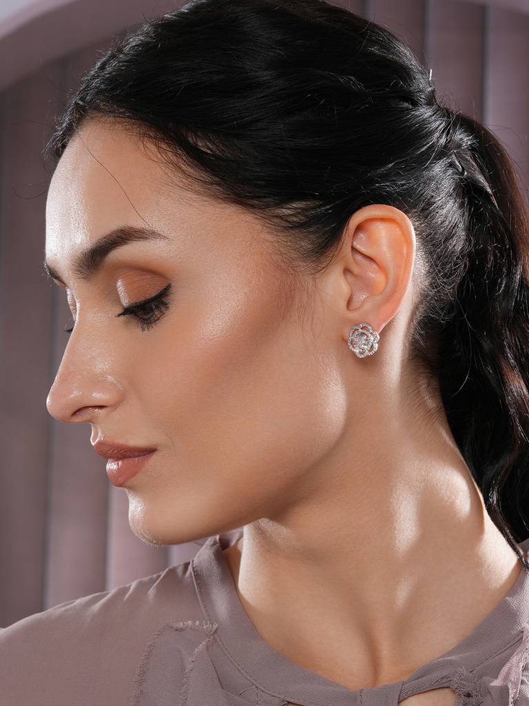 American Diamond Studded Floral Stud Earrings-30392 : EAR-JS25-30392