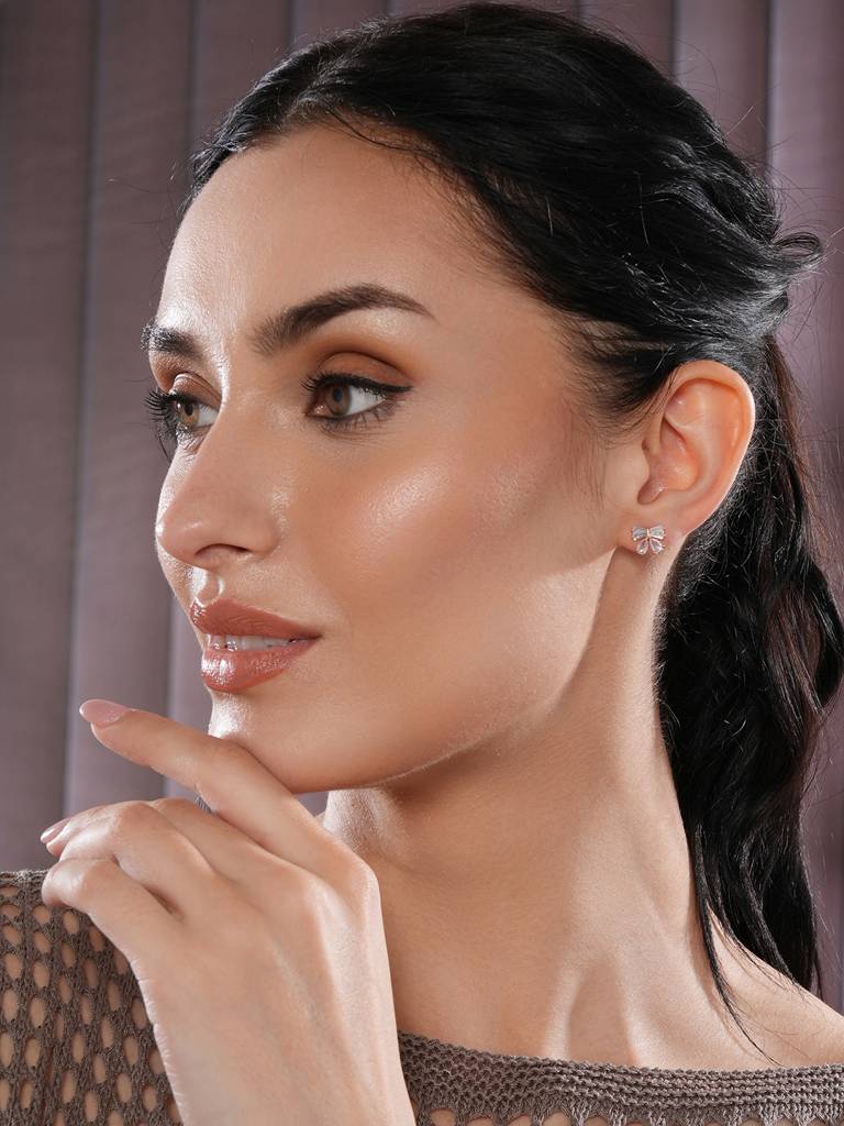 Rose Gold Plated American Diamond Studded Contemporary Studs : EAR-JS25-30393