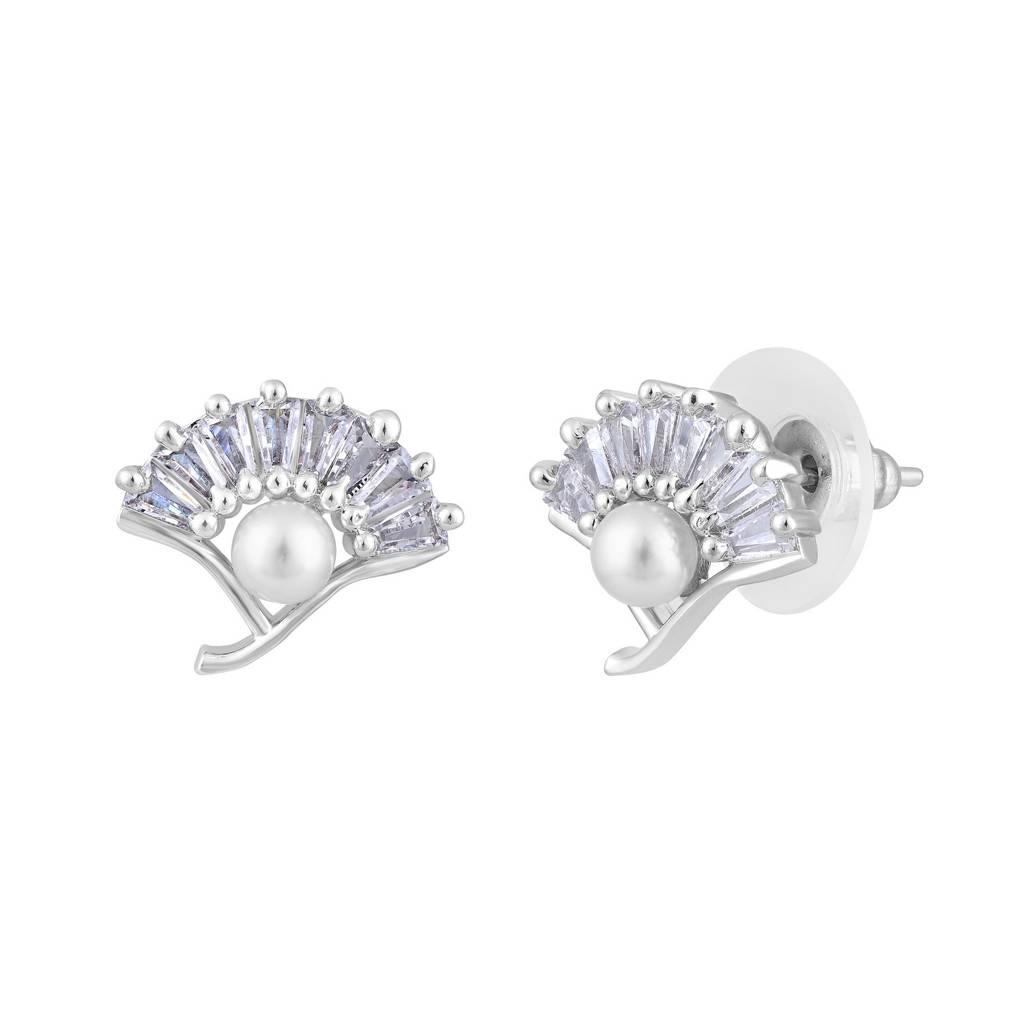Rhodium-Plated Pearl Studded Contemporary Stud Earrings : EAR-JS25-30394